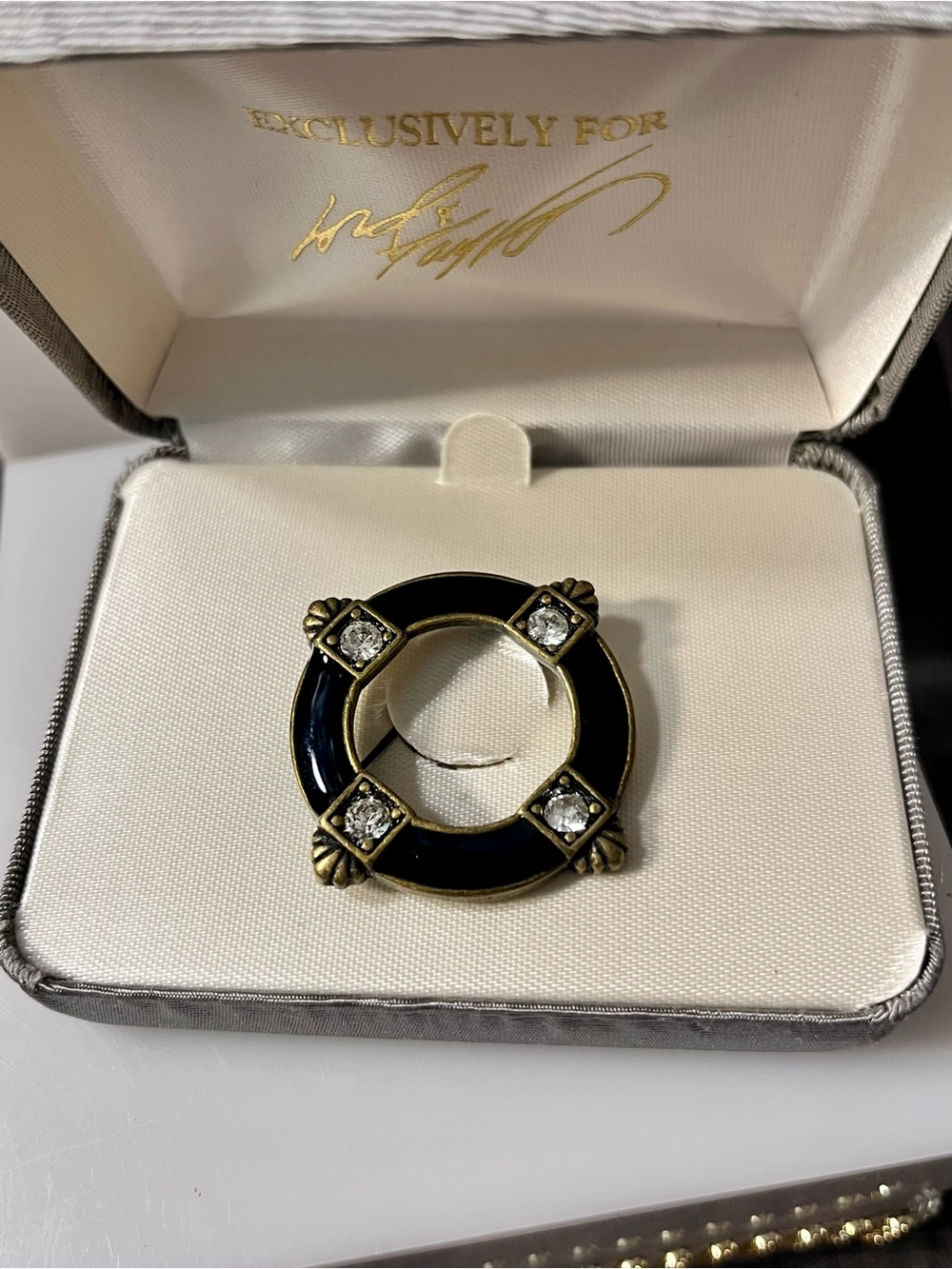 Lord & Taylor Black Enamel and Clear Crystal Brooch